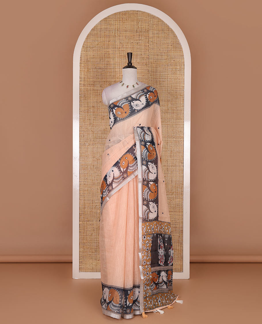 Orange mirror thread embroidered linen saree, contrast kalamkari peacock printed border, pallu of kalamkari peacock and human figurines print, and printed blouse