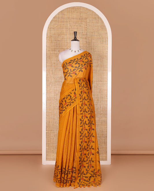 Mustard jamdani style floral vine design semi-jute silk saree, floral vine printed border, pallu, and blouse of small buttas print