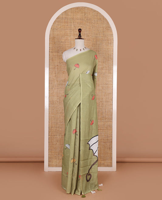 Borderless Olive green umbrella motifs printed linen cotton saree, self-pallu of big umbrella motifs and contrast blouse