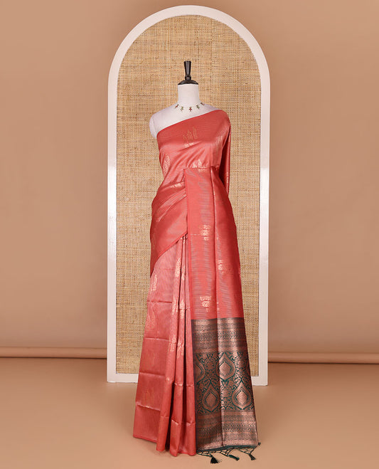 Borderless peach stripes and zari floral buttas elite soft silk saree, contrast ogee patterned zari pallu, and contrast zari design blouse