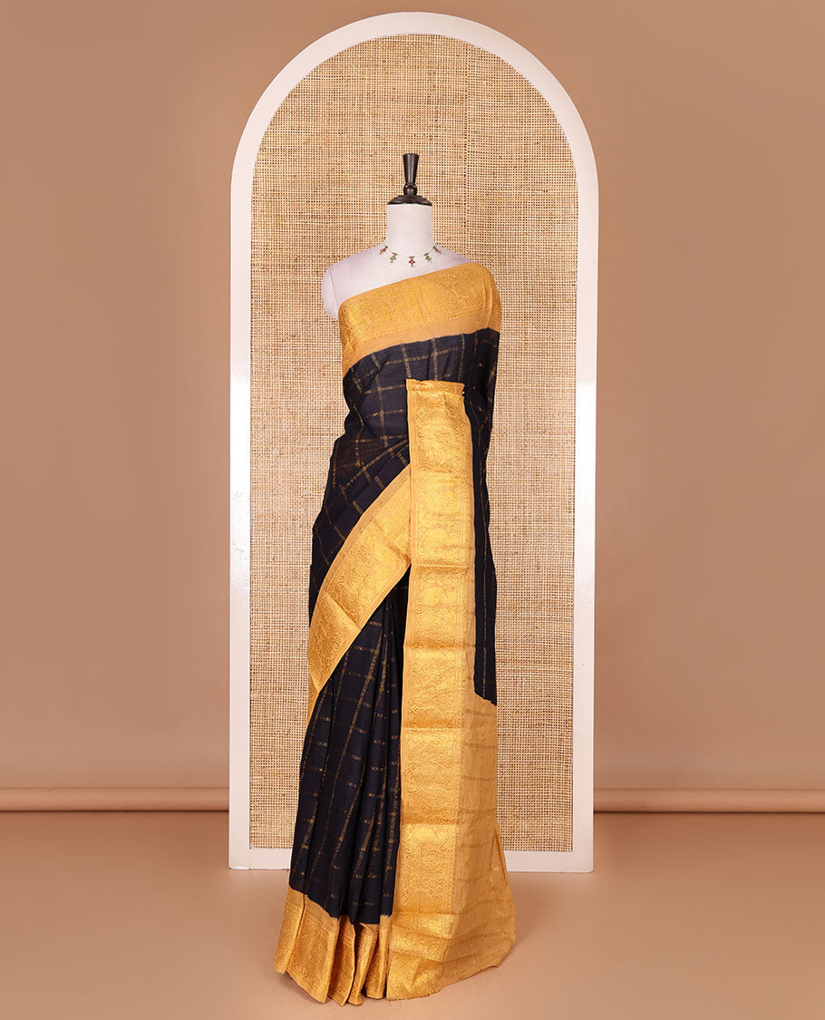 Blue and yellow zari checked Sungudi cotton saree, contrast peacock motifs zari border, checked pallu, and contrast checked blouse