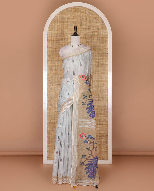 Light green muniya motifs printed linen cotton saree, striped temple border, paithani style printed pallu, and printed blouse