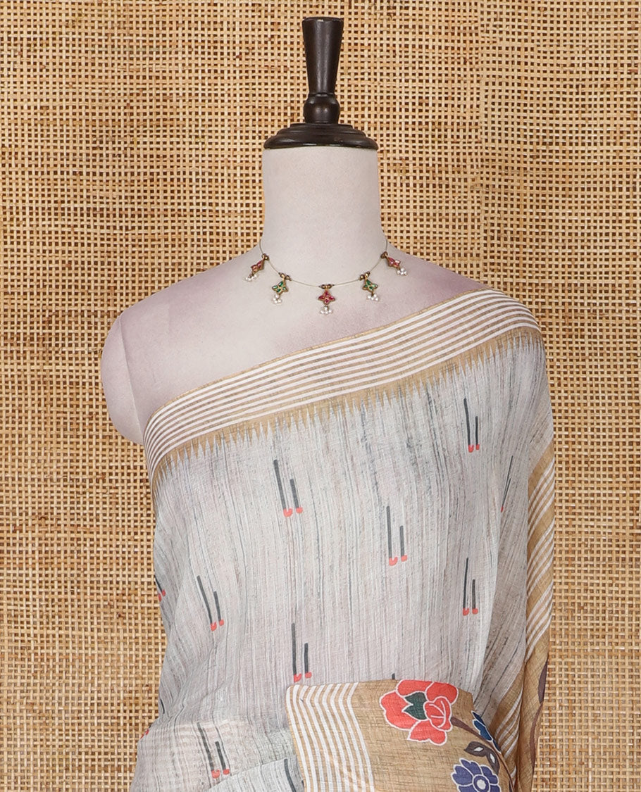 Light green muniya motifs printed linen cotton saree, striped temple border, paithani style printed pallu, and printed blouse