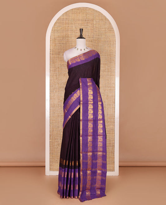 Purple plain sungudi cotton saree, contrast annam motifs, gold zari woven border, zari striped, and zari design contrast blouse