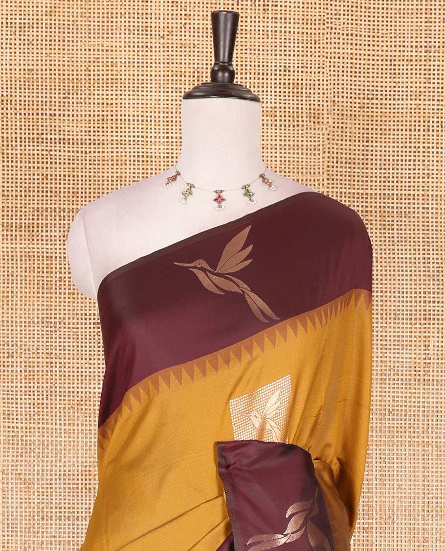 Mustard hummingbird zari buttas Mulberry silk saree, contrast hummingbird motifs temple border, intricate pallu, and contrast zari design blouse