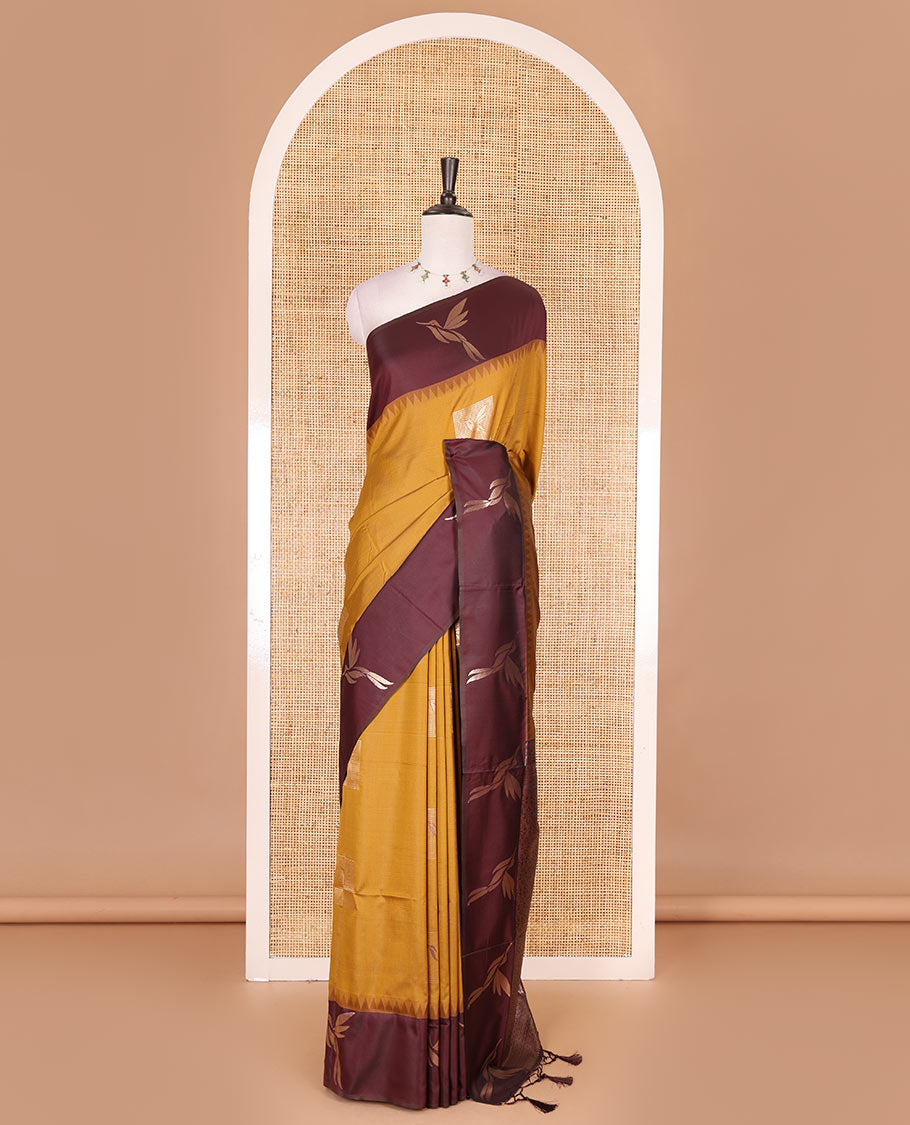 Mustard hummingbird zari buttas Mulberry silk saree, contrast hummingbird motifs temple border, intricate pallu, and contrast zari design blouse