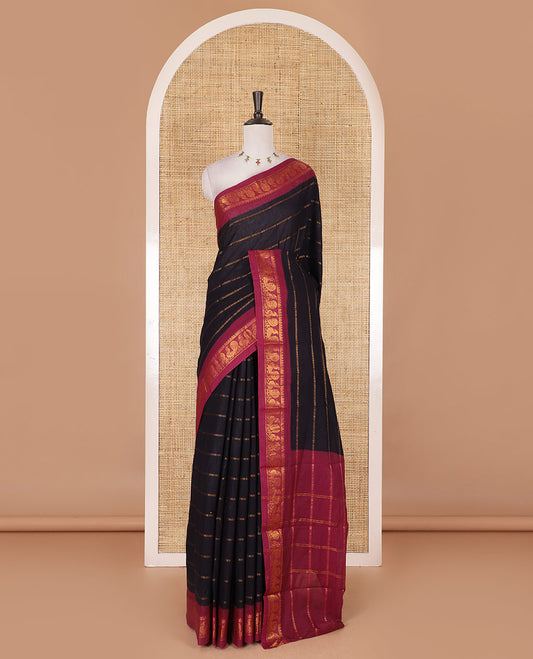 Black and maroon veldhari zari striped Sungudi cotton saree, contrast peacock zari motif border, zari striped pallu, and contrast zari design blouse