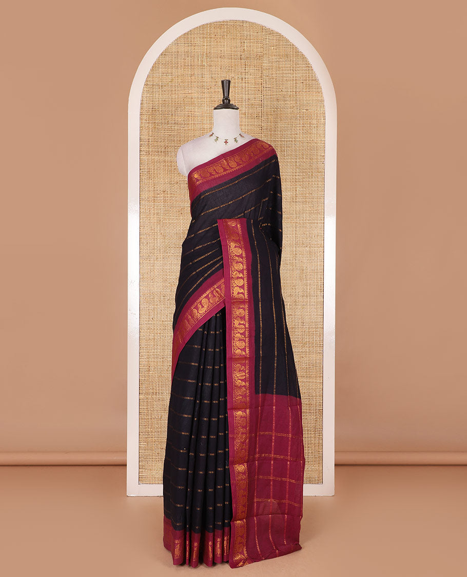Black and maroon veldhari zari striped Sungudi cotton saree, contrast peacock zari motif border, zari striped pallu, and contrast zari design blouse