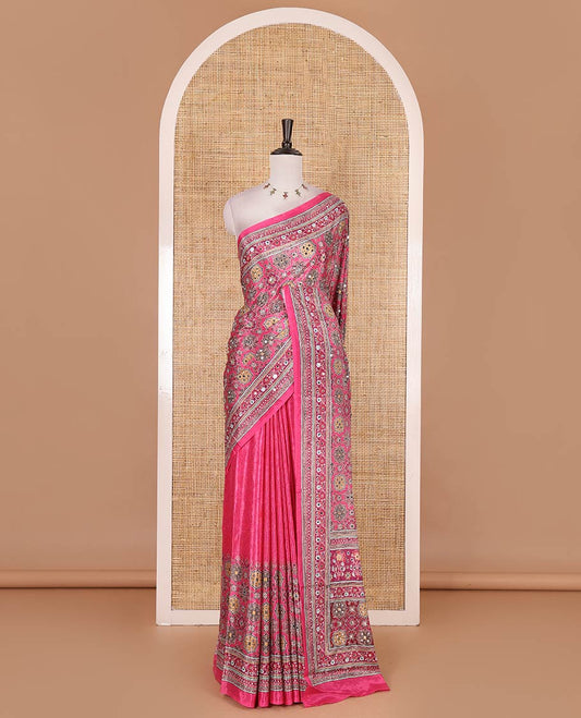 Pink ajrakh style printed with mirror work masakali saree, printed border, print and mirror work pallu, and matching blouse