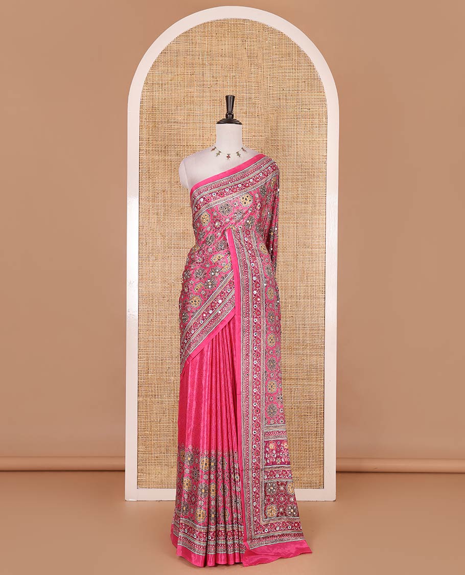 Pink ajrakh style printed with mirror work masakali saree, printed border, print and mirror work pallu, and matching blouse
