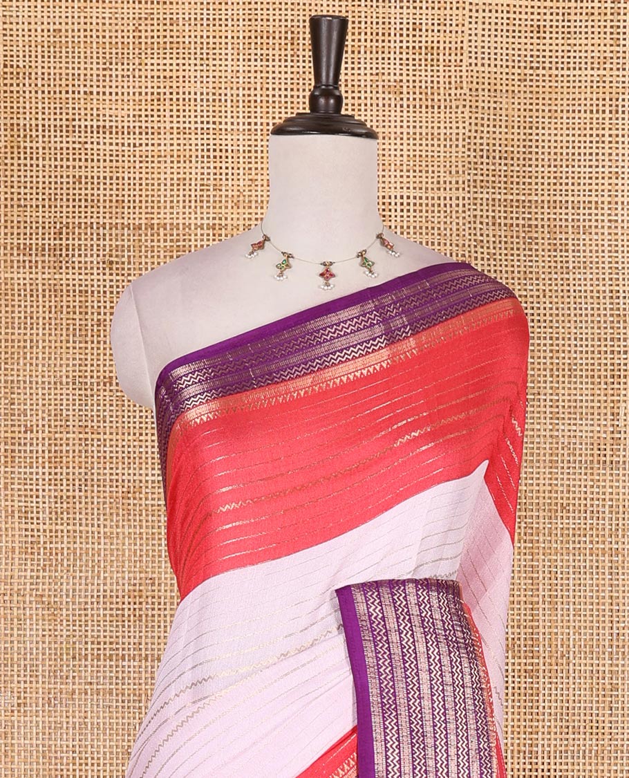 White zari design moss milan saree, contrast purple and pink colored traditional zari border, ikkat buttas printed pallu, and contrast zari design blouse