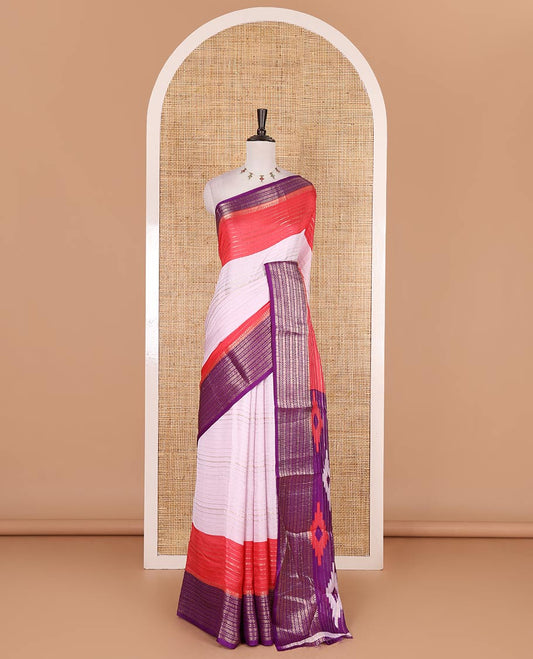 White zari design moss milan saree, contrast purple and pink colored traditional zari border, ikkat buttas printed pallu, and contrast zari design blouse