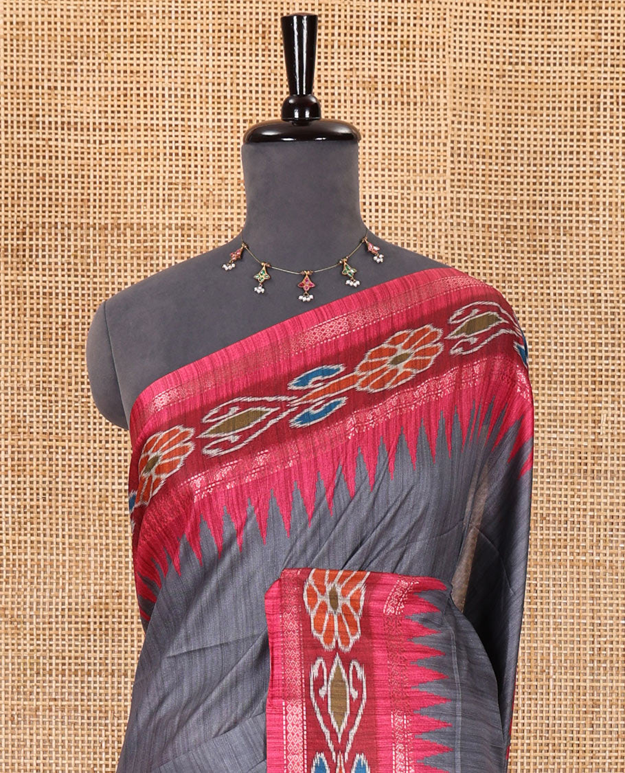 Grey plain Katan silk saree, contrast temple ikkat floral printed border, ikkat floral printed pallu, and ikkat printed blouse