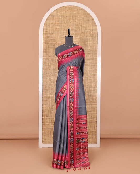 Grey plain Katan silk saree, contrast temple ikkat floral printed border, ikkat floral printed pallu, and ikkat printed blouse