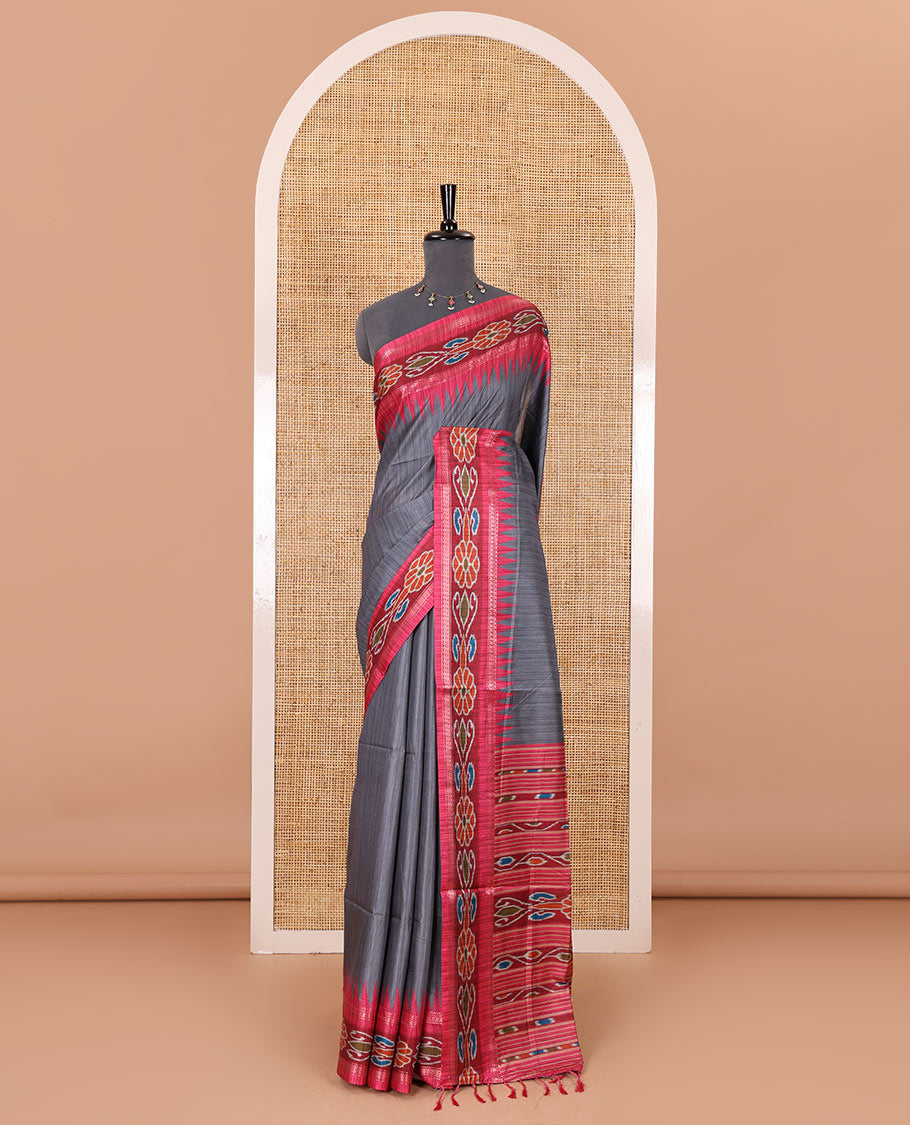 Grey plain Katan silk saree, contrast temple ikkat floral printed border, ikkat floral printed pallu, and ikkat printed blouse