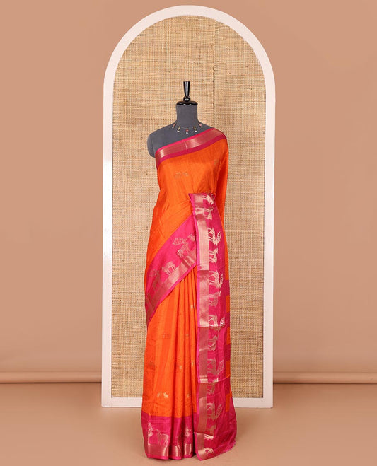 Orange deer copper zari buttas dola silk saree, contrast chevron and deer motifs zari border, deer motifs pallu, and contrast deer motifs blouse