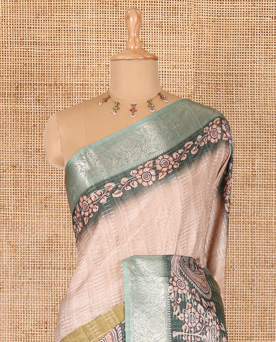 Green tri-ombre colored zari stripes, and kalamkari peacock printed semi-tussar saree, contrast floral creeper zari border, peacock printed pallu, and a contrast blouse of zari and print work