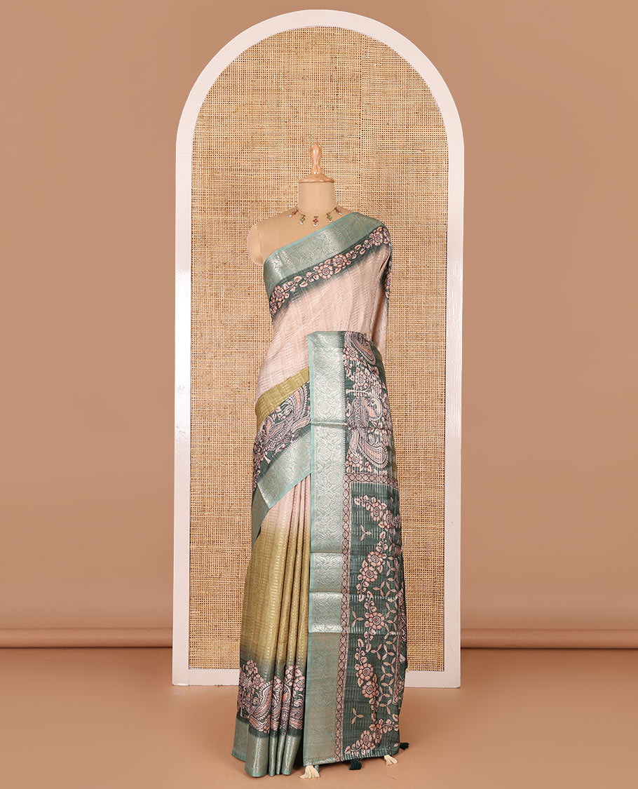 Green tri-ombre colored zari stripes, and kalamkari peacock printed semi-tussar saree, contrast floral creeper zari border, peacock printed pallu, and a contrast blouse of zari and print work