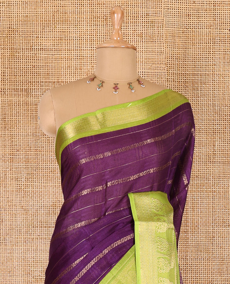 Dark purple traditional zari design dola silk saree, contrast tree of life and peacock design border, zari design pallu, and contrast zari woven blouse