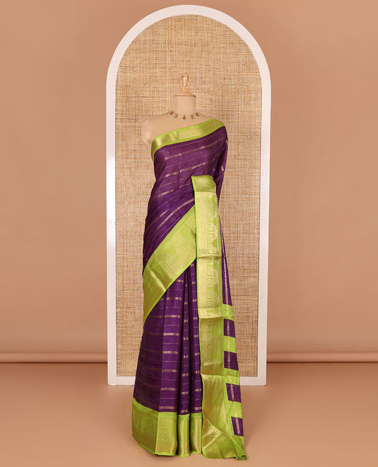 Dark purple traditional zari design dola silk saree, contrast tree of life and peacock design border, zari design pallu, and contrast zari woven blouse