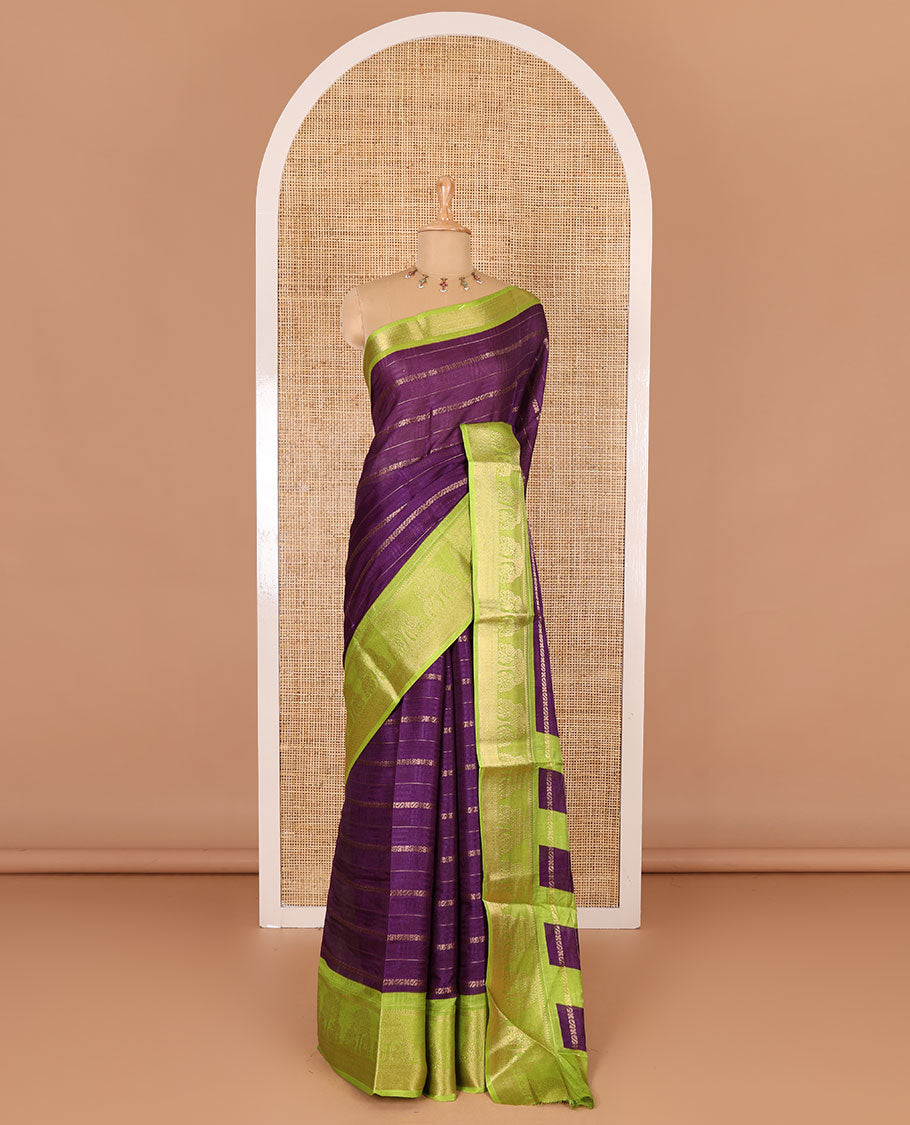 Dark purple traditional zari design dola silk saree, contrast tree of life and peacock design border, zari design pallu, and contrast zari woven blouse
