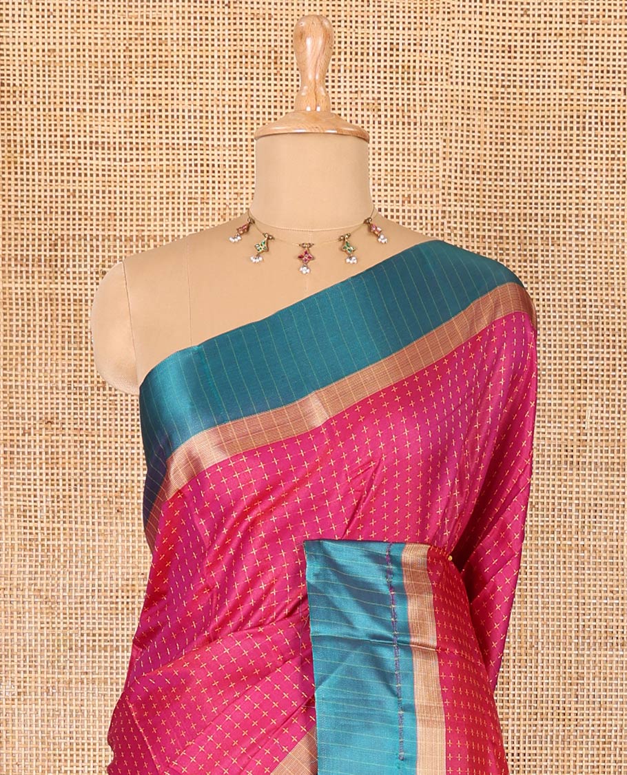 Pink thread plus buttas semi-soft silk saree, contrast striped satin border, striped pallu, and contrast plus buttas blouse