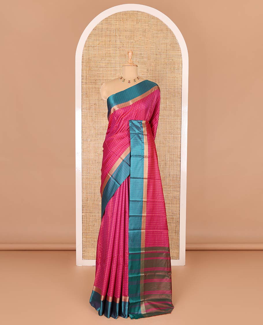 Pink thread plus buttas semi-soft silk saree, contrast striped satin border, striped pallu, and contrast plus buttas blouse