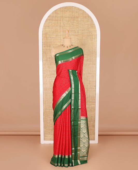 Red maze geometric-patterned semi-mysore silk saree, contrast rettai pettu traditional zari border, intricate pallu, and a contrast geometric-patterned zari-bordered blouse