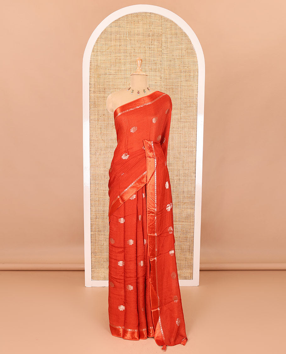 Orange floral zari buttas viscose khadi silk saree, traditional zari satin border, floral zari buttas woven pallu, and a matching zari design blouse