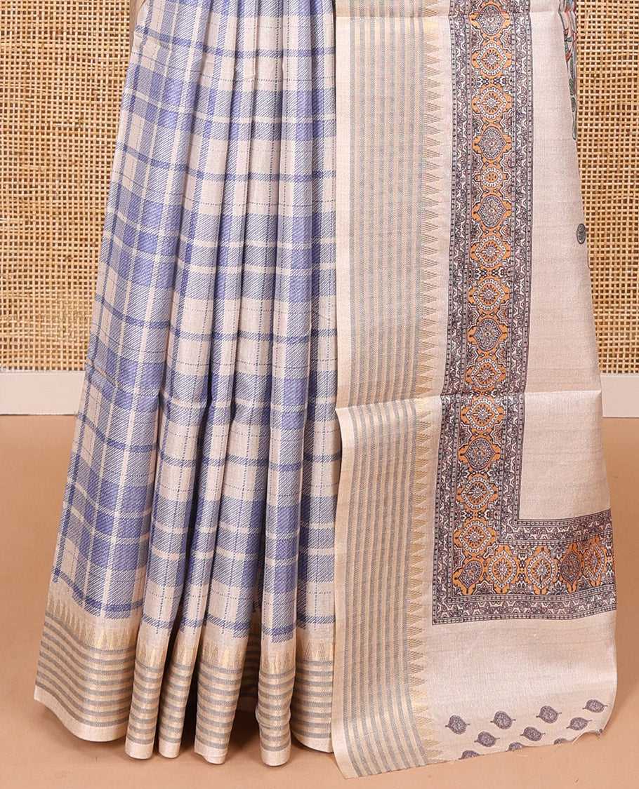 Blue checked patterned semi-tussar saree with contrast temple striped border, Madhubani printed pallu, and a contrast printed blouse