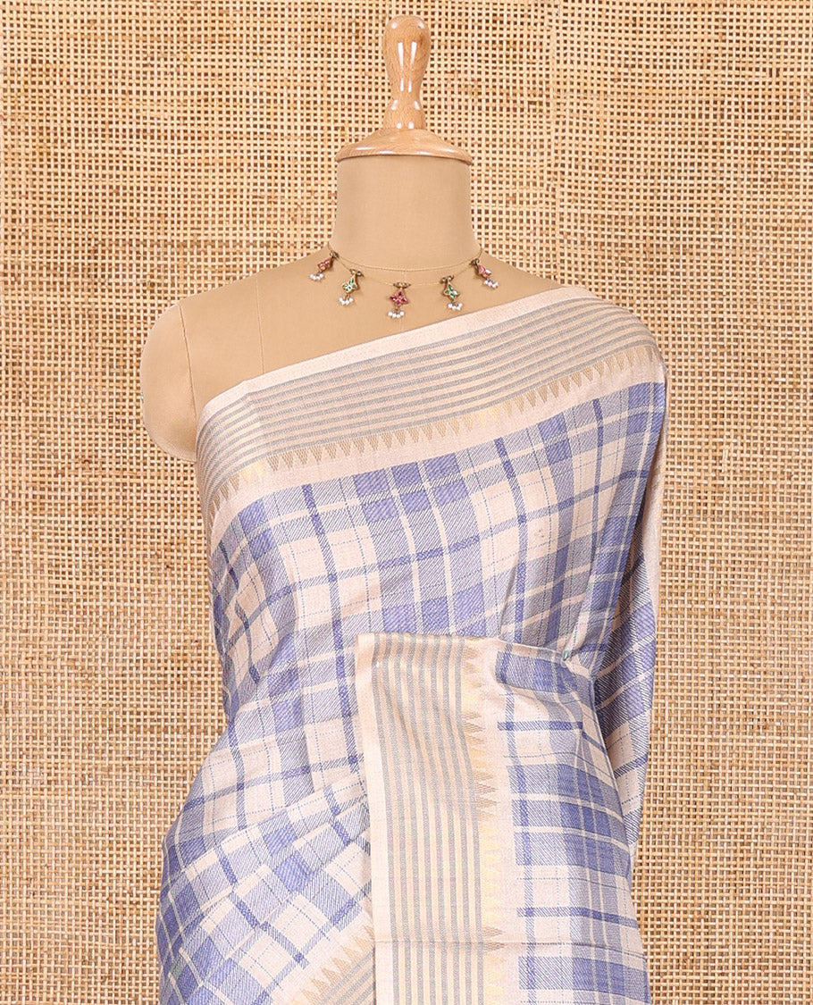 Blue checked patterned semi-tussar saree with contrast temple striped border, Madhubani printed pallu, and a contrast printed blouse