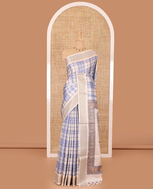 Blue checked patterned semi-tussar saree with contrast temple striped border, Madhubani printed pallu, and a contrast printed blouse