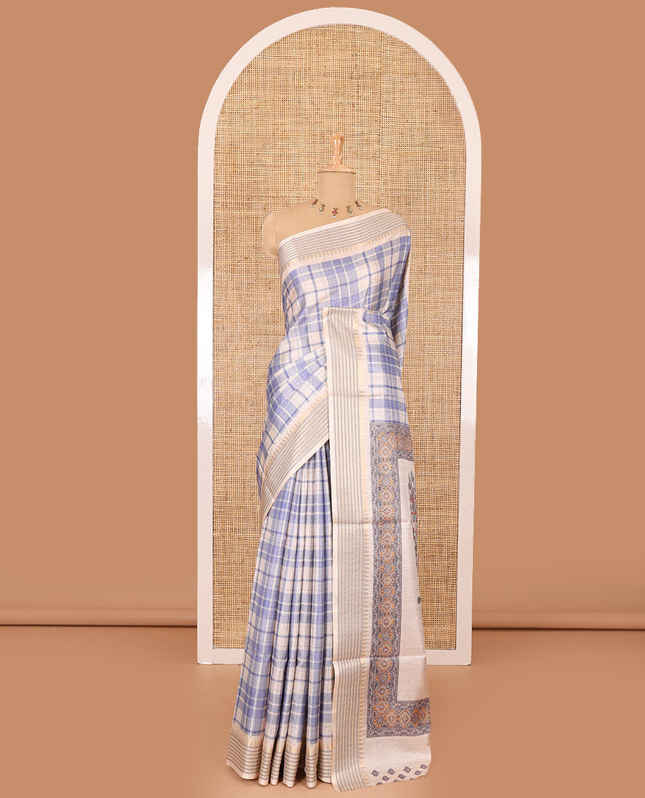 Blue checked patterned semi-tussar saree with contrast temple striped border, Madhubani printed pallu, and a contrast printed blouse