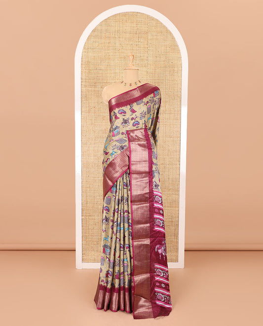 Chikku-purple color animal and village theme printed khadi jute saree, contrast jaal patterns zari woven border, printed pallu, and a contrast blouse