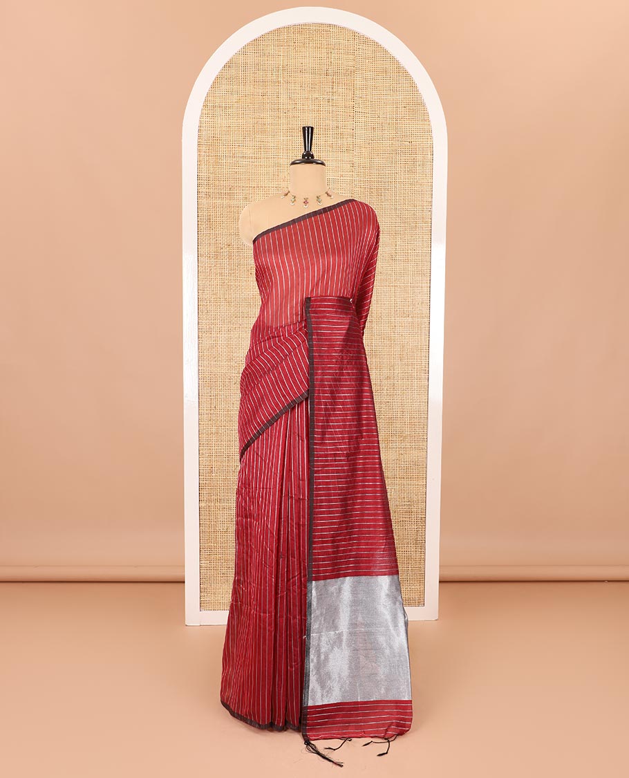 Borderless maroon zari vertically striped khadi mul cotton saree, gleaming zari pallu and a matching blouse