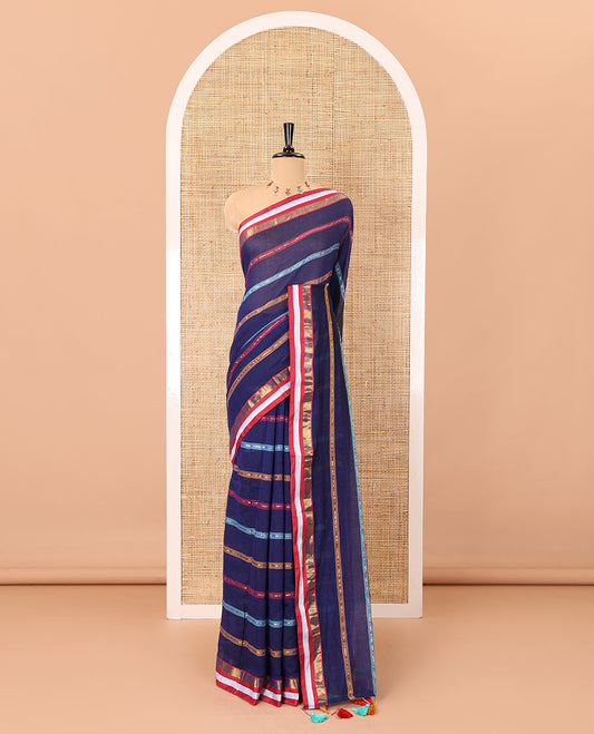 Navy blue horizontal multi-colored striped Khadi mul cotton saree, contrast satin gold zari piping border, striped pallu, and a matching blouse