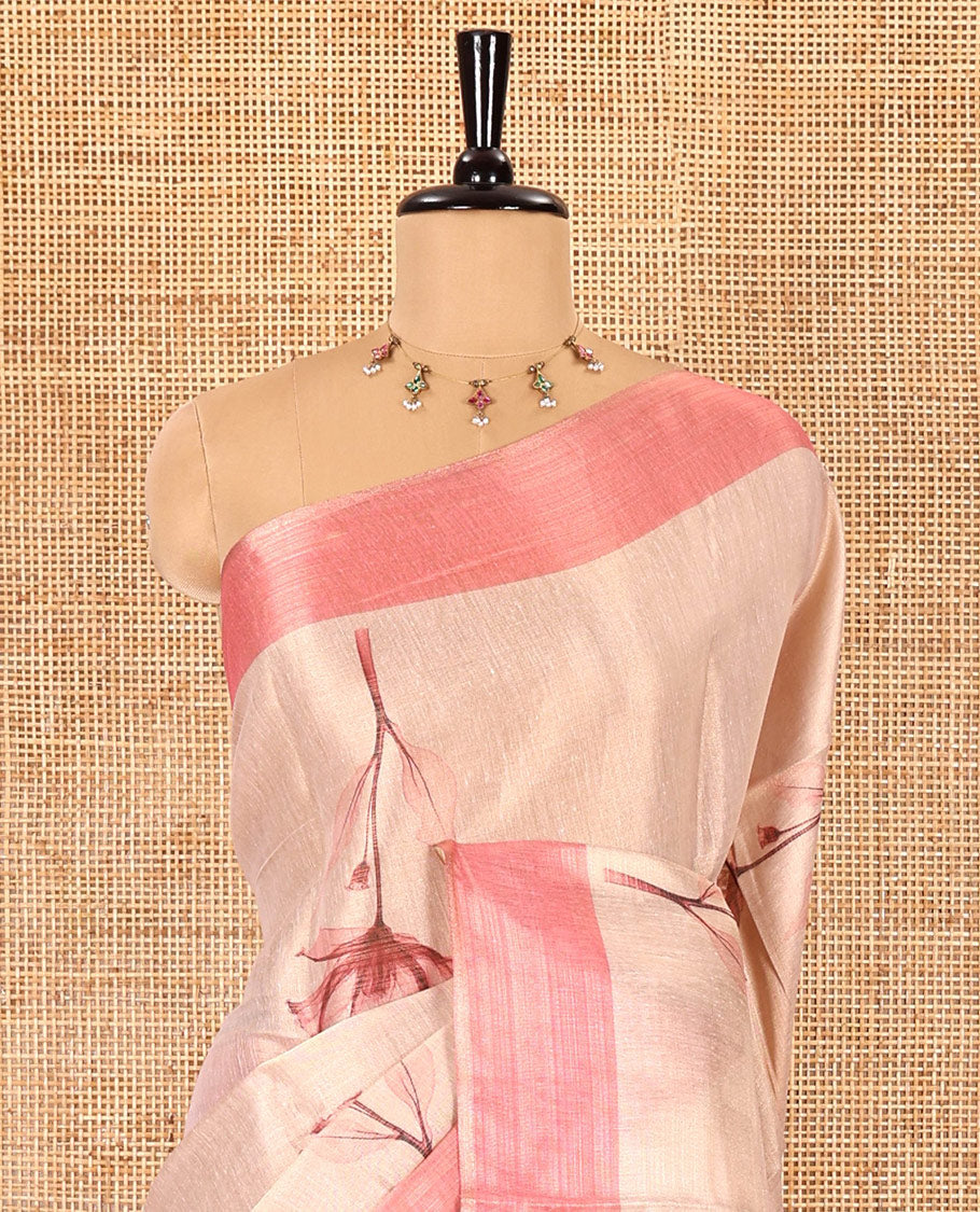Cream mordern pink floral motifs printed tissue saree, contrast plain border, floral printed pallu, and a contrast plain blouse