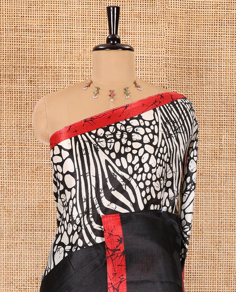 Black batik printed art Khadi cotton saree, batik printed border, batik printed pallu, and a contrast batik printed blouse