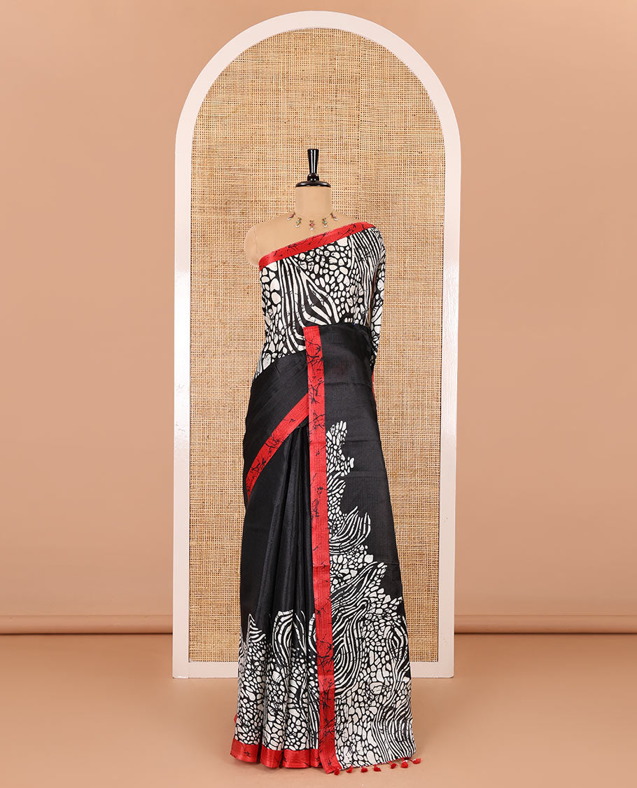 Black batik printed art Khadi cotton saree, batik printed border, batik printed pallu, and a contrast batik printed blouse