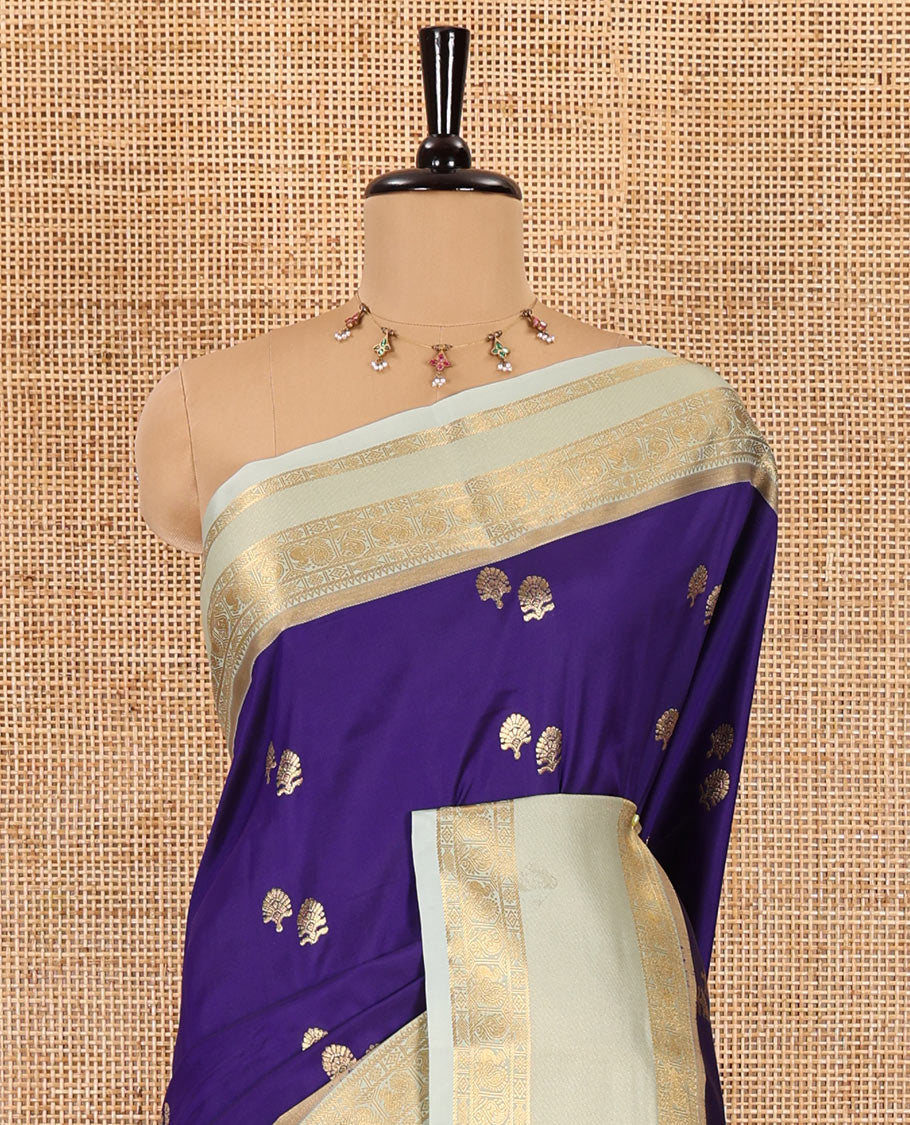 Violet zari buttas soft silk saree , contrast peacock and mango zari weaving border , contrast weaving rich pallu and contrast Blouse