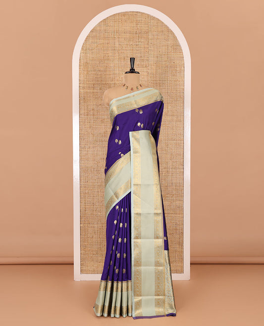 Violet zari buttas soft silk saree , contrast peacock and mango zari weaving border , contrast weaving rich pallu and contrast Blouse