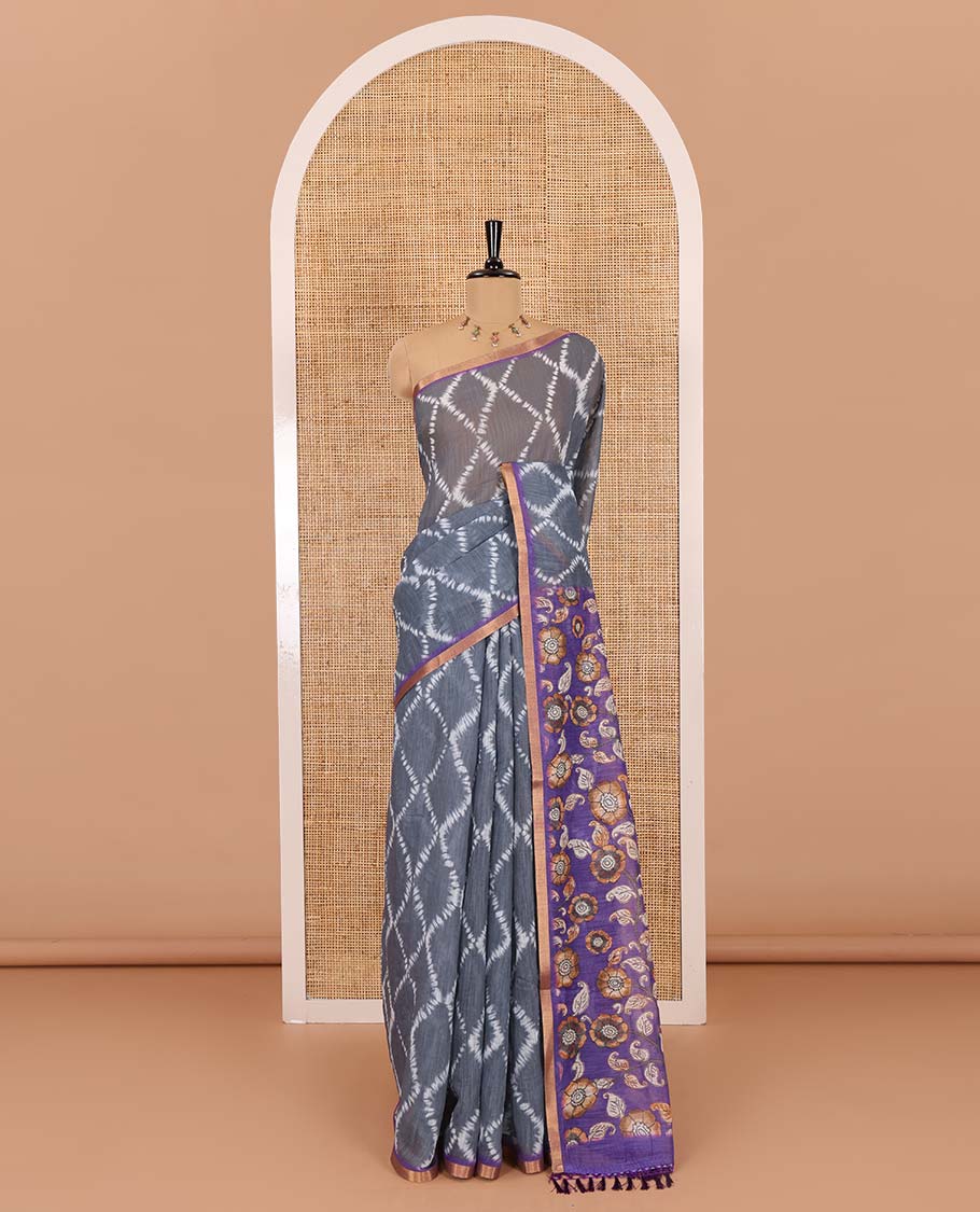 Grey argyle shibori printed linen cotton saree, contrast border, kalamkari floral vine printed pallu, and a contrast kalamkari printed blouse