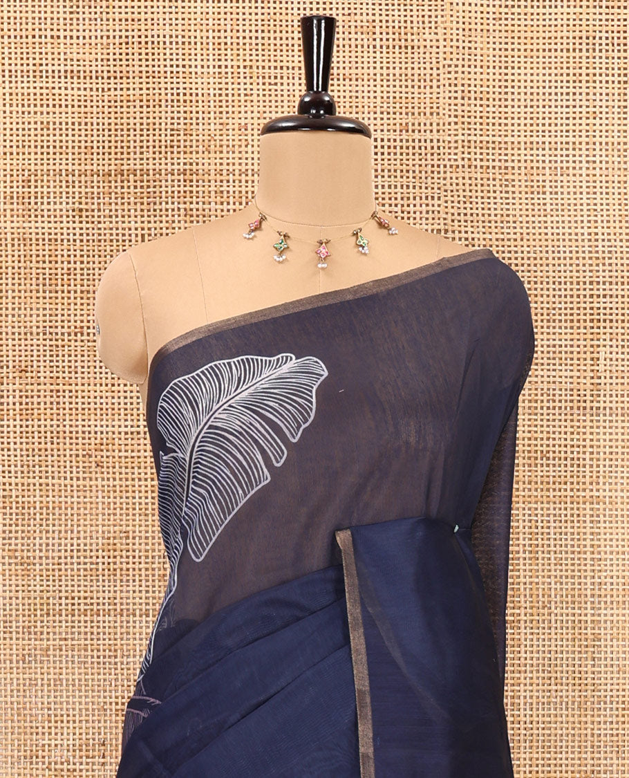 Borderless blue big banana leaf motifs printed chanderi cotton saree, printed pallu, and contrast printed blouse