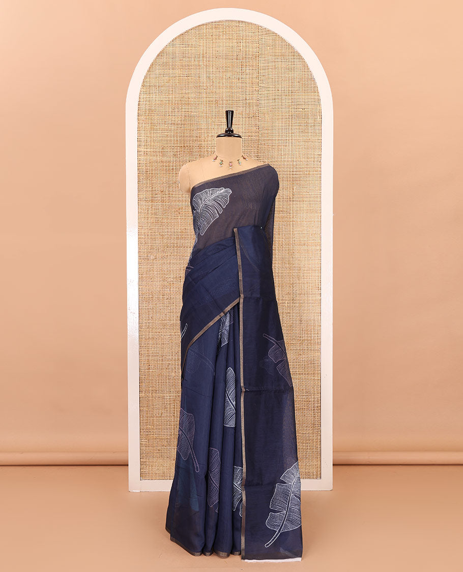 Borderless blue big banana leaf motifs printed chanderi cotton saree, printed pallu, and contrast printed blouse