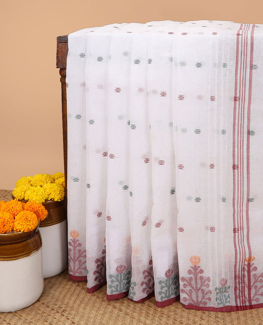 White thread butta bengal cotton saree with resham border & chit pallu allong with linen digital shafread blouse