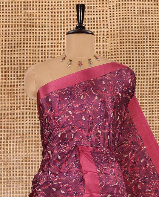 Purple floral style printed Turkey crepe saree, contrast plain border, geometric printed pallu, and a contrast polka dotted blouse