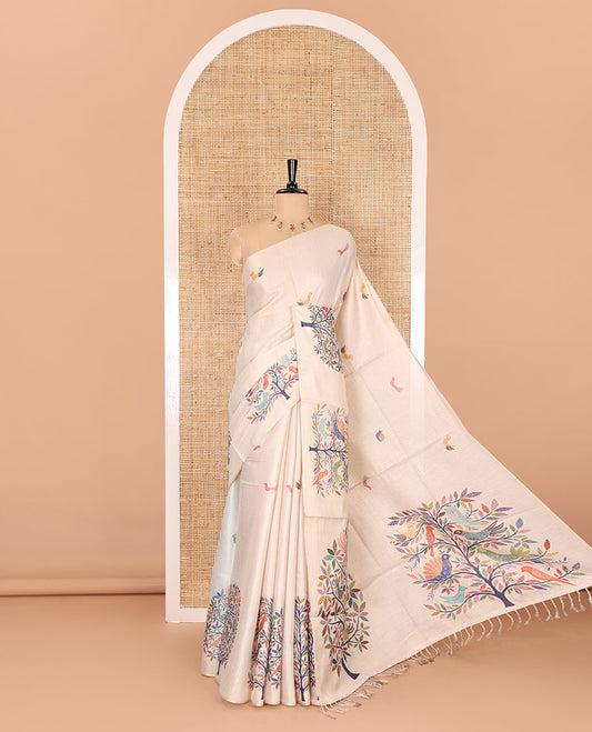 Borderless gold multi-color tree-bird motifs digital printed tissue saree, small buttas printed blouse