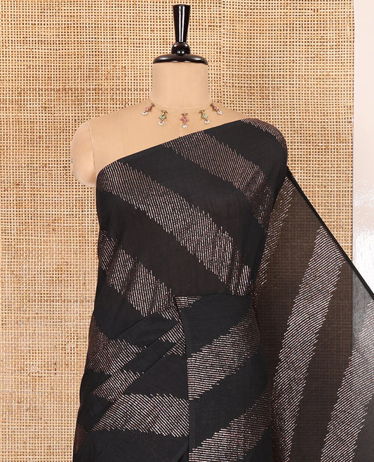 Borderless black leheriya-striped foil-printed Vichitra silk saree with a self pallu and no blouse