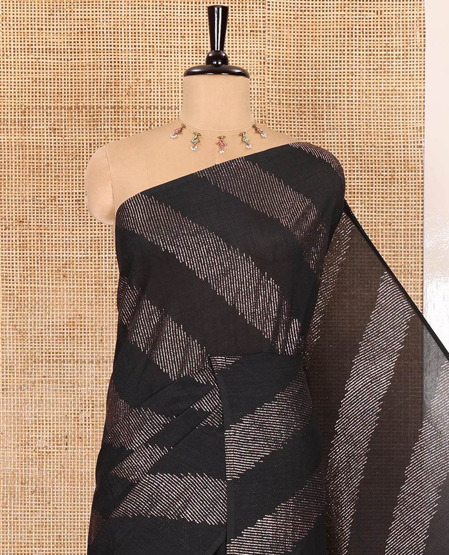 Borderless black leheriya-striped foil-printed Vichitra silk saree with a self pallu and no blouse