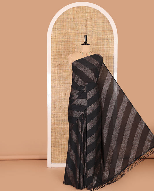 Borderless black leheriya-striped foil-printed Vichitra silk saree with a self pallu and no blouse